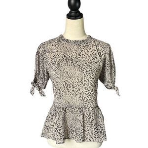 Sugar Lips Fierce Feeling Leopard Print Tie Sleeve Peplum Top (Size: Small)
